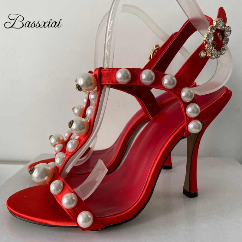 Sandal Strappy Heeled - Pérola grânulo decoração t-cinta sandálias de