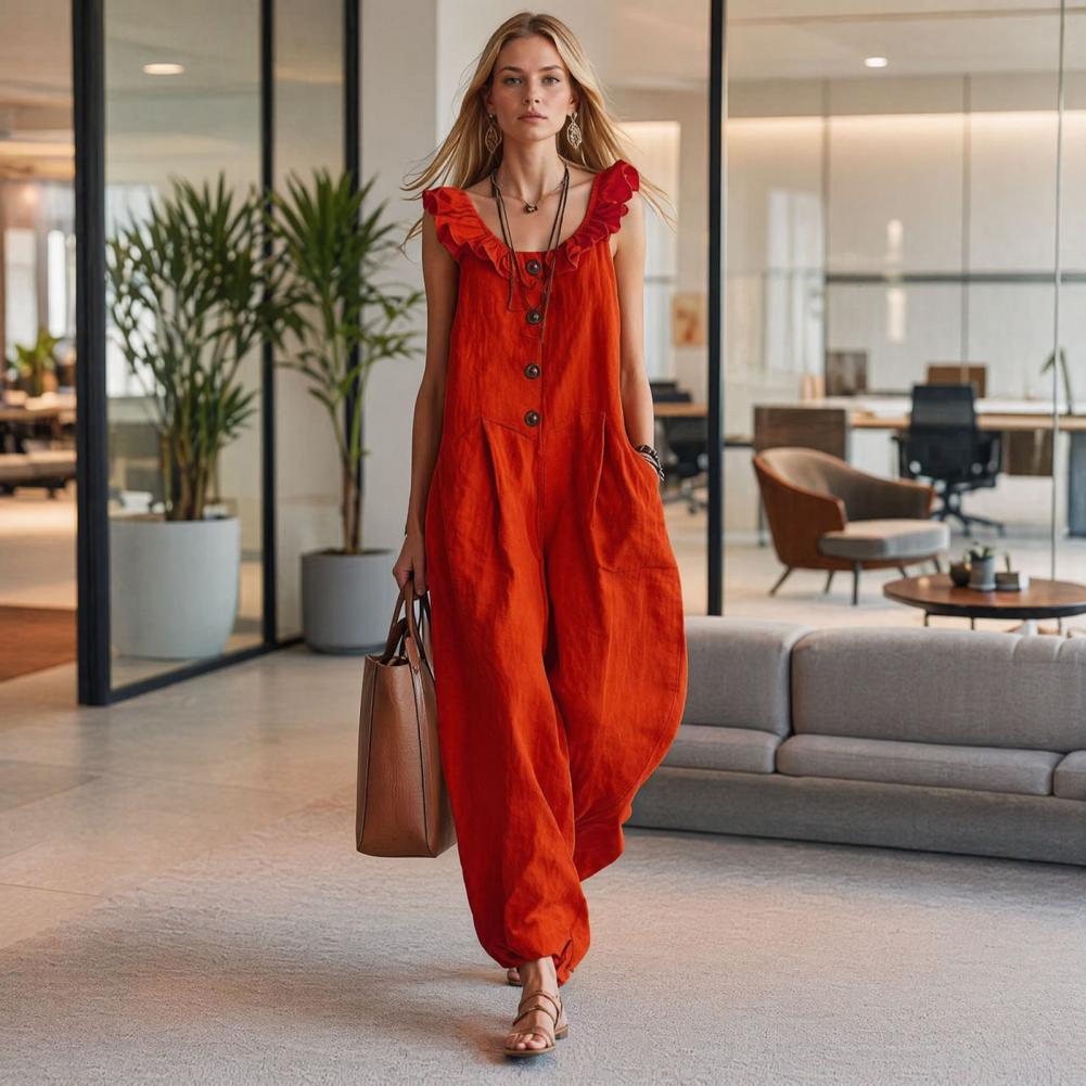 Jumpsuit Linen Relaxed - Macacão feminino respirável, ajuste relaxado, macacão