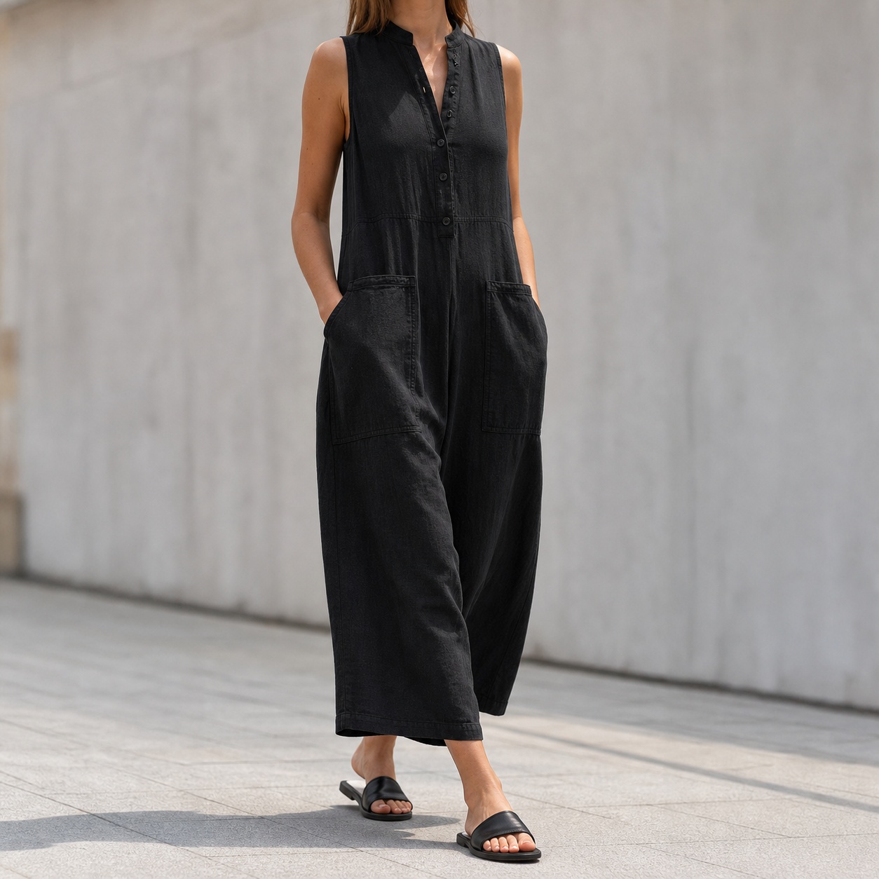 Jumpsuit Linen Relaxed - Macacão Feminino Sem Mangas com Gola