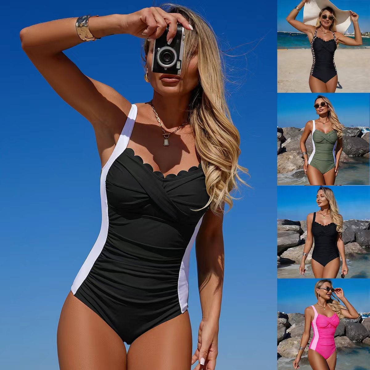 Swimsuit Bikini Ruched - Maiô Preto com Decote Ondulado e