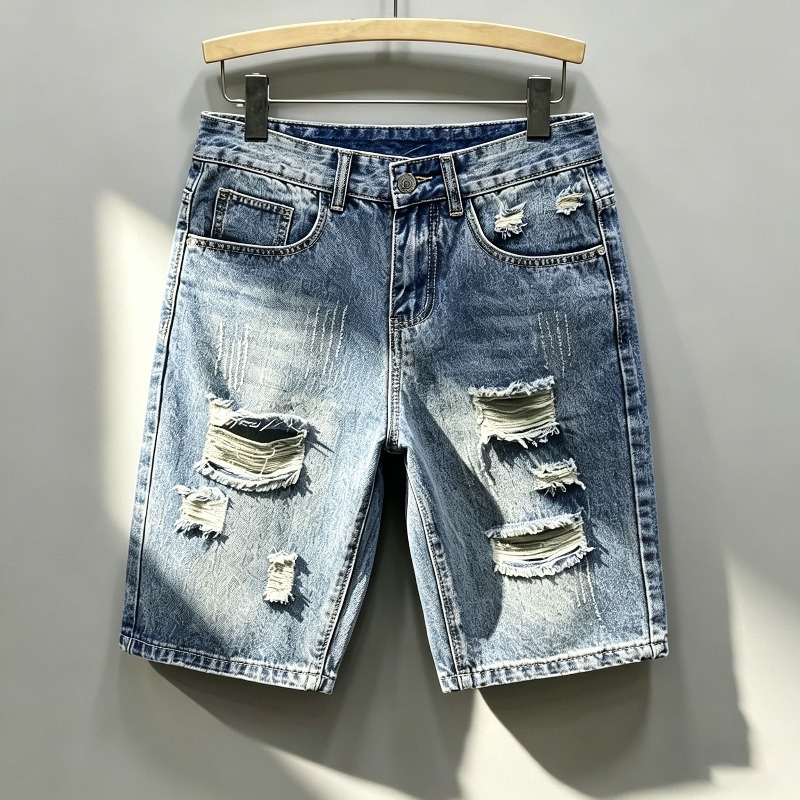 Shorts Denim Frayed - Bermudas Jeans Masculinas Estilo Coreano Desgastadas