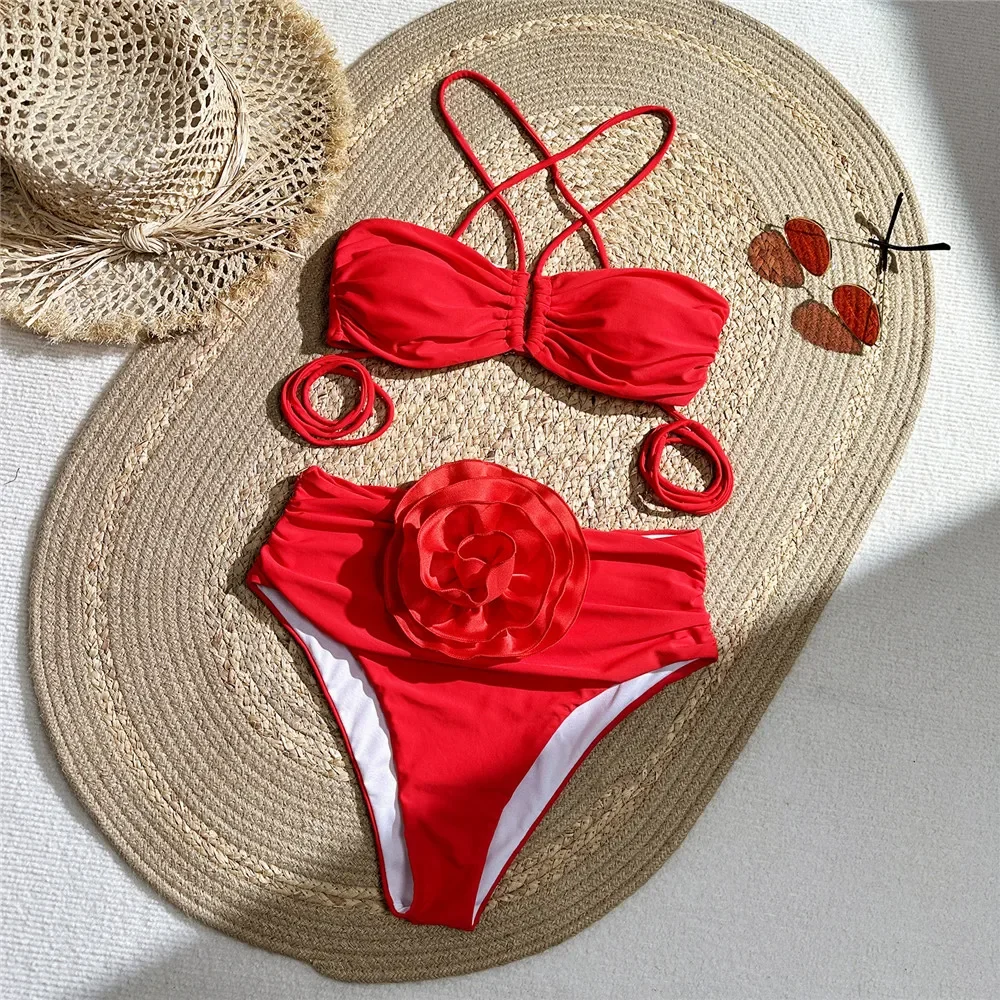 Swimsuit Bikini Ruched - Sexy vermelho 3d flor banho halter