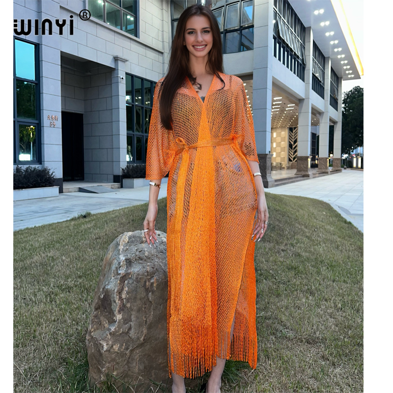 Cover Up Kaftan - WINYI-Vestido de quimono oco de praia
