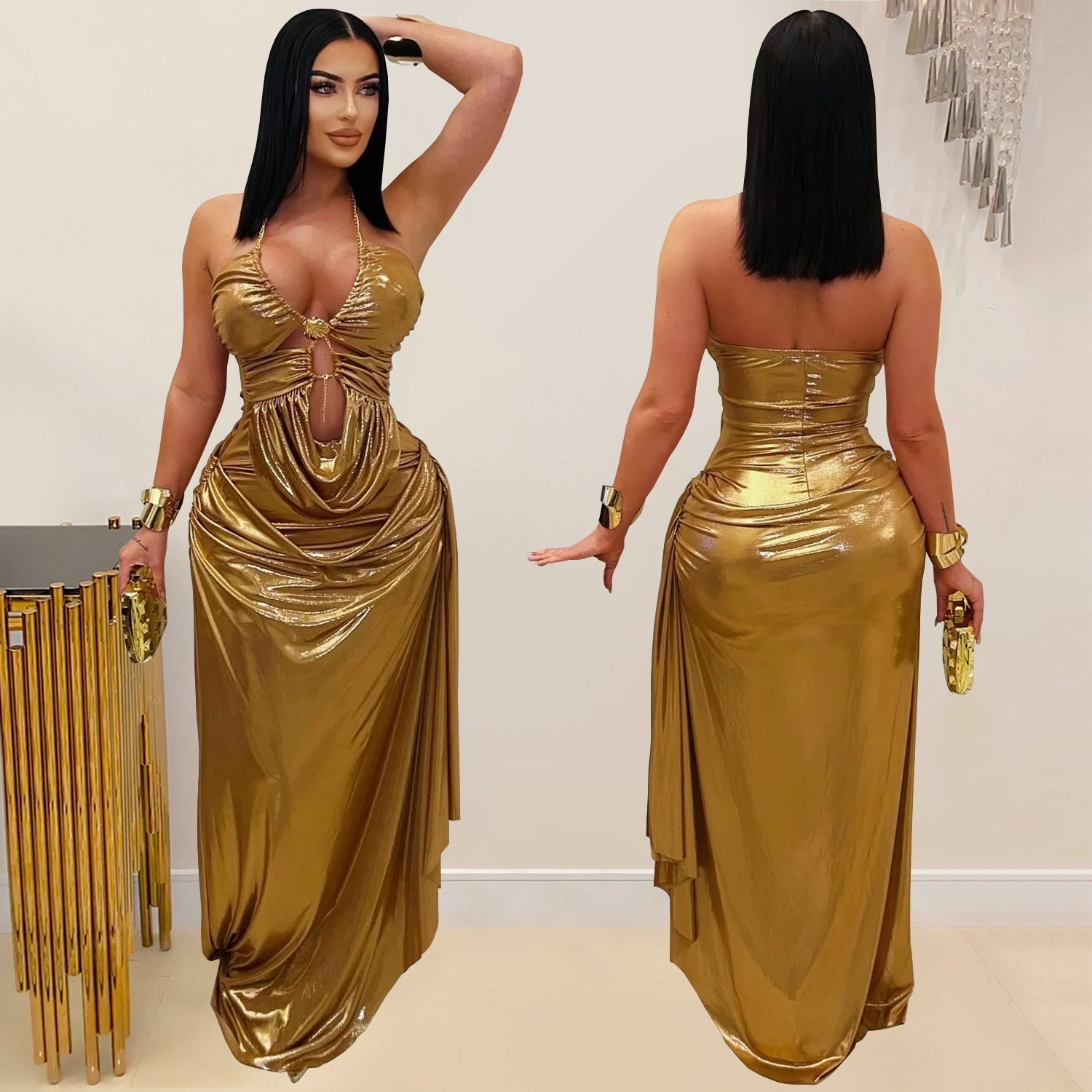 Maxi Dress Halter - Vestido de Festa Longo Dourado Metálico