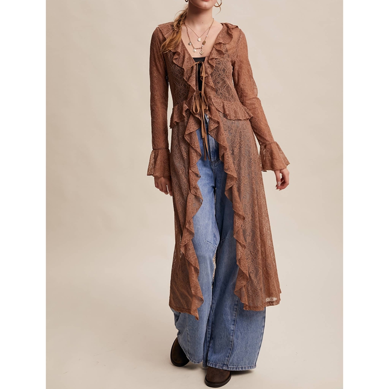 Kimono Sheer Floral - Cardigã Feminino Longo Transparente com Renda