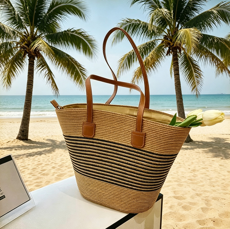 Tote Bag Beach - CLAREGQI Bolsa feminina listrada de palha,