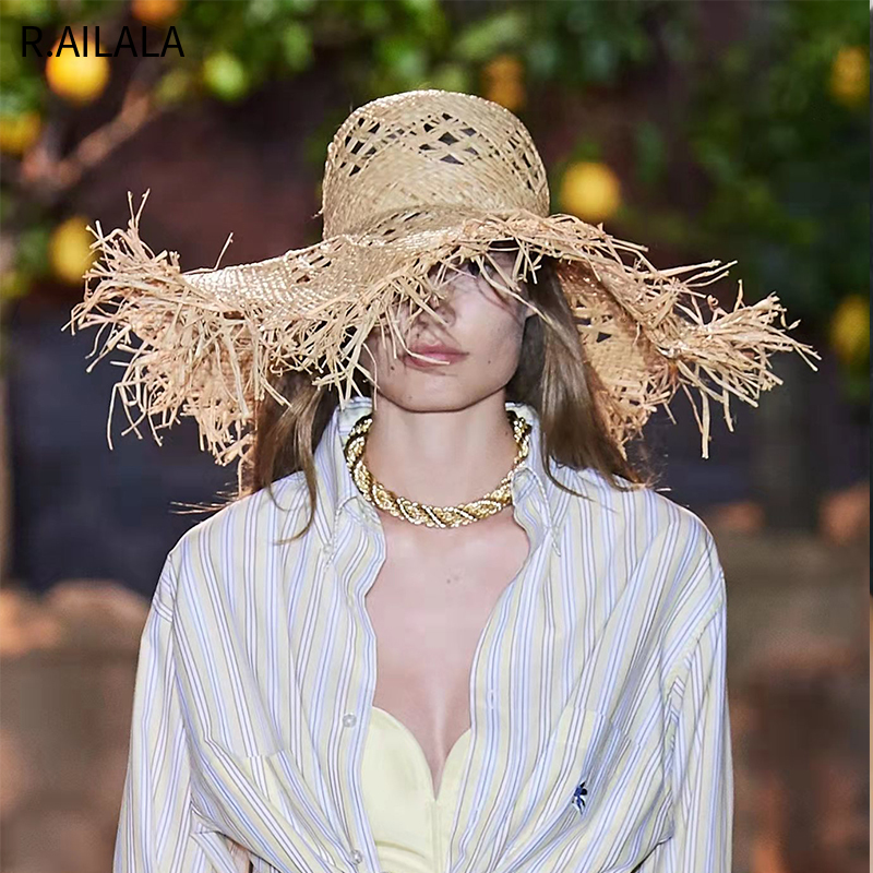 Hat Floppy Wide - Novas mulheres verão natural ráfia chapéu