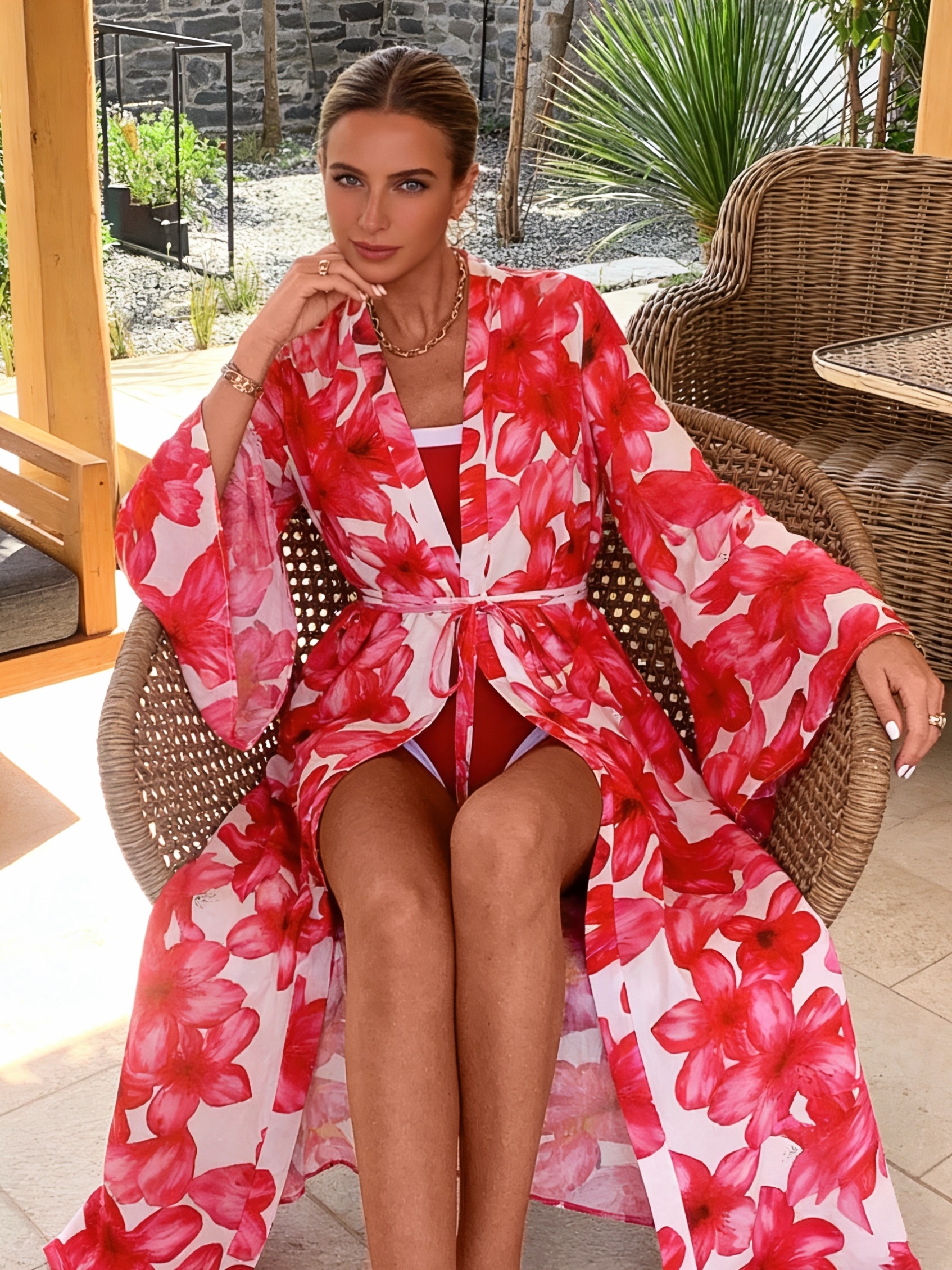 Kimono Sheer Floral - Roupão Kimono Floral Vermelho Feminino 2026