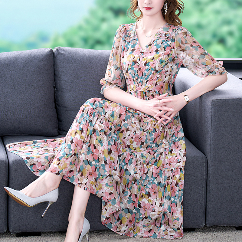 Midi Skirt Floral - Vestido floral de seda natural feminino,