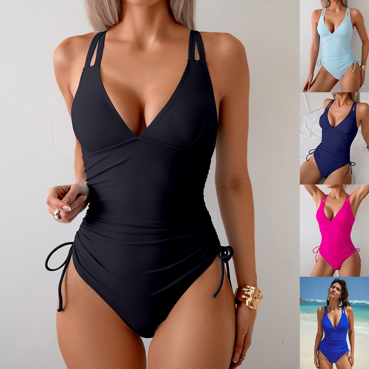 Swimsuit Bikini Ruched - Maiô Preto Sólido com Decote em
