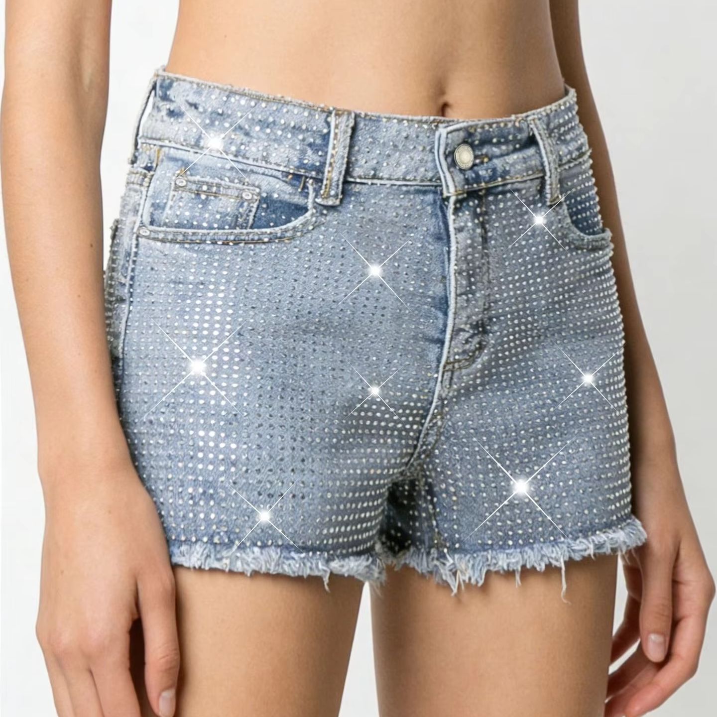 Shorts Denim Frayed - Novos Shorts Jeans Azuis Desfiados com