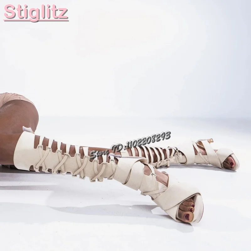 Sandal Strappy Heeled - Retro cross-amarrado sandálias romanas sólido fosco