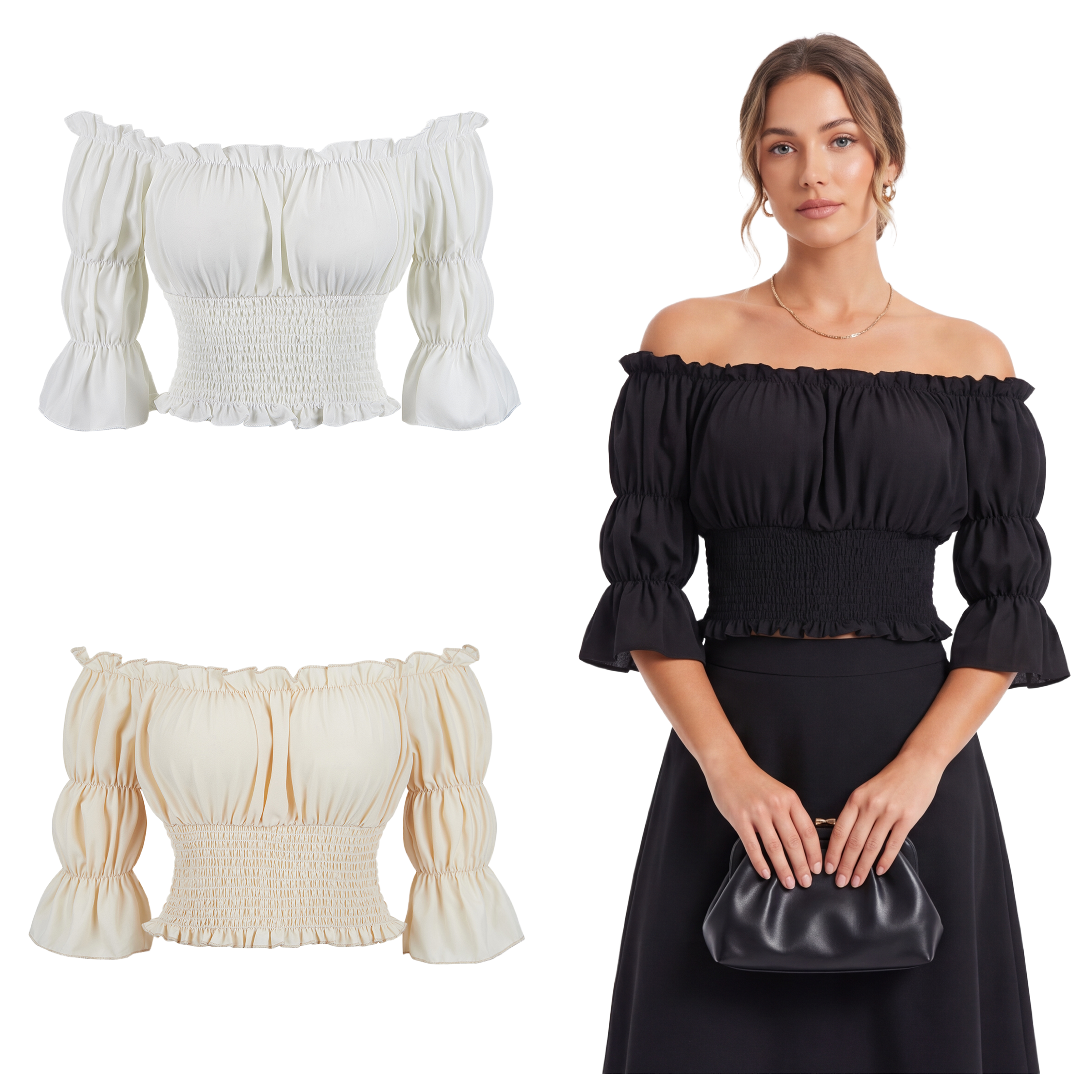 Blouse Off Shoulder - Blusa Renascentista Feminina com Mangas Curtas,