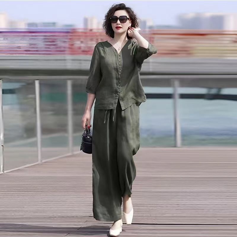 Linen Pant Wide - Conjunto feminino de duas peças de