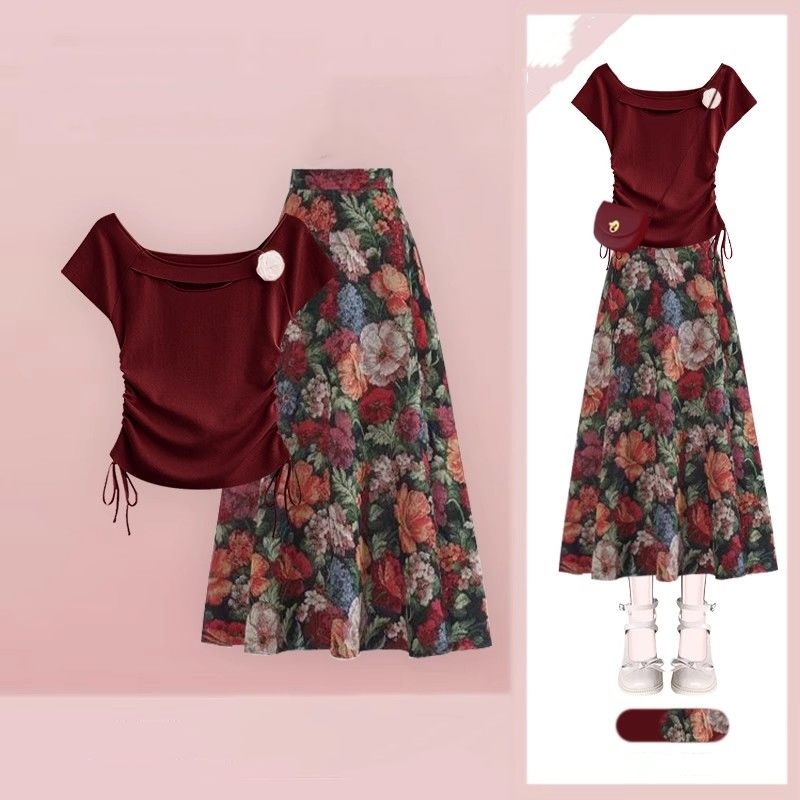 Midi Skirt Floral - Mulheres sorte vinho tinto camisetas saias