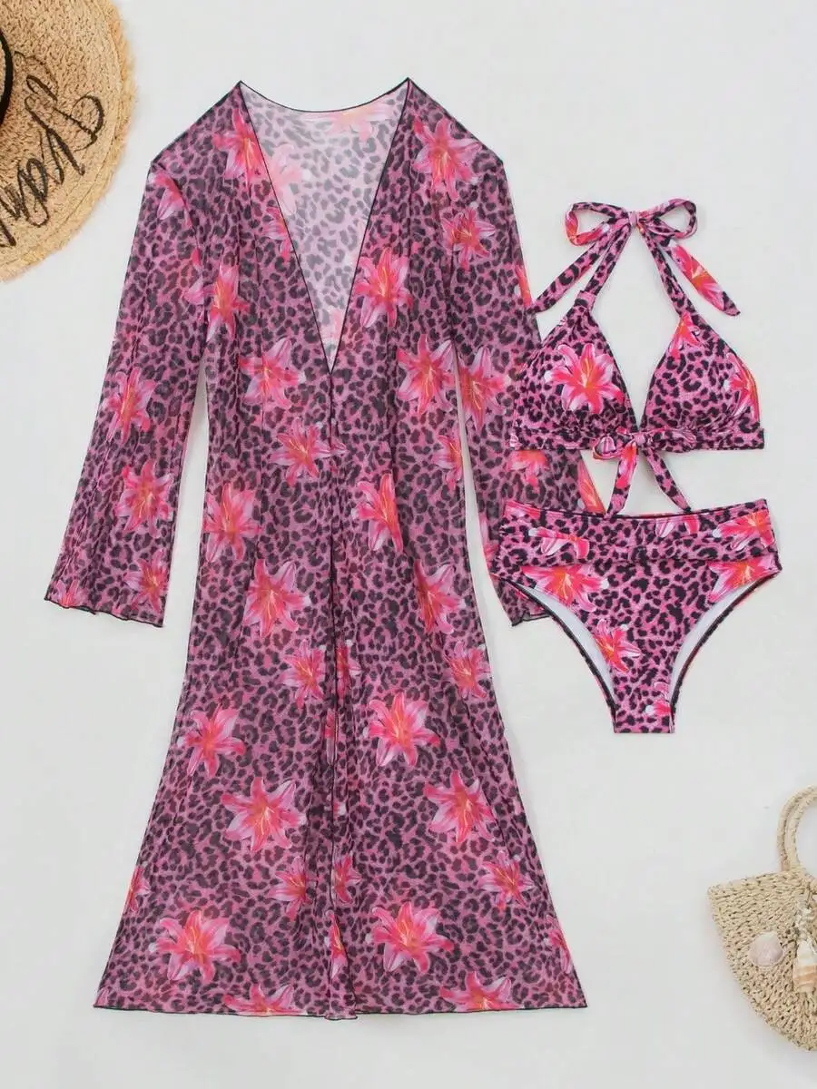 Kimono Sheer Floral - Conjunto de Biquíni Feminino de 3