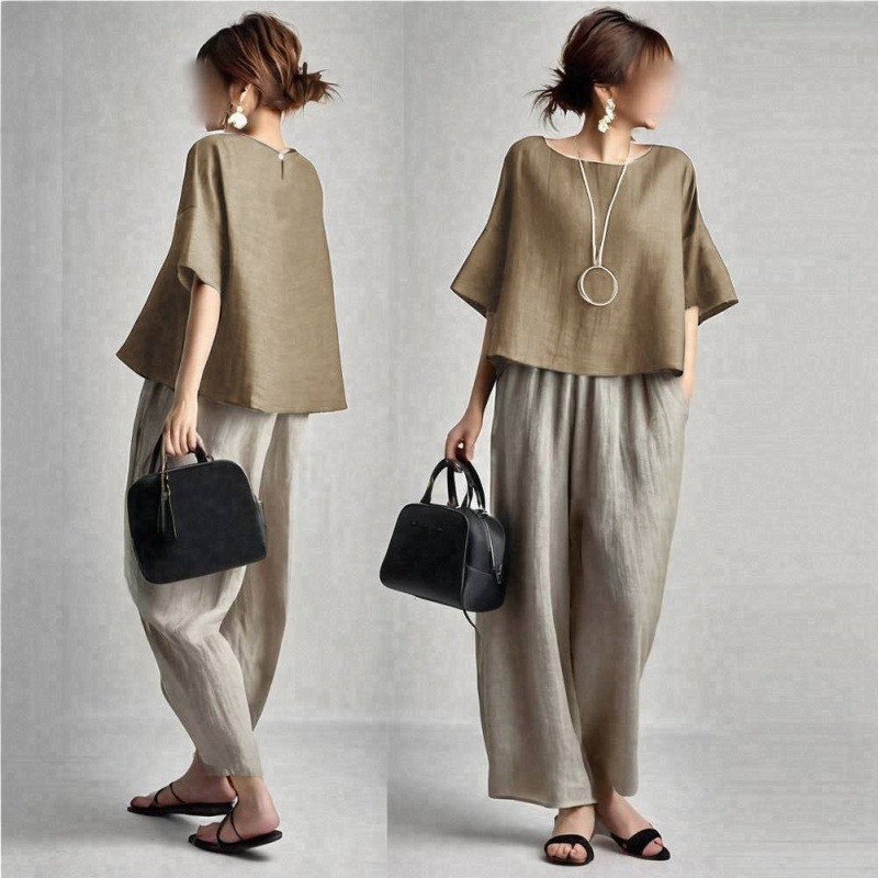 Linen Pant Wide - Conjunto Feminino de Duas Peças: Blusa