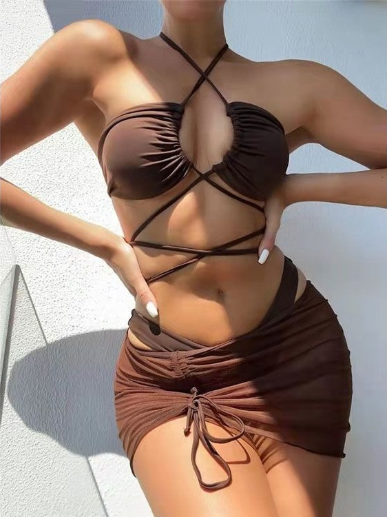 Swimsuit Bikini Ruched - Biquíni Feminino de Cintura Alta com