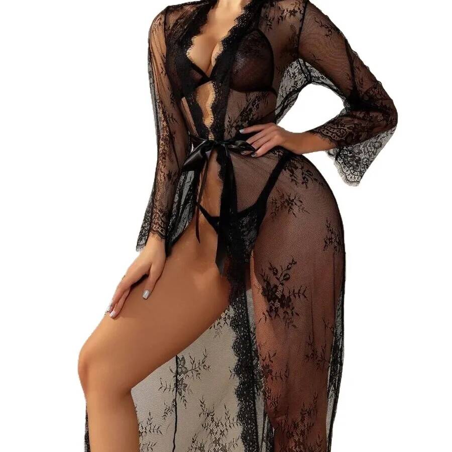 Roupão longo de renda preta tr - Kimono Sheer Floral avaliação e preço
