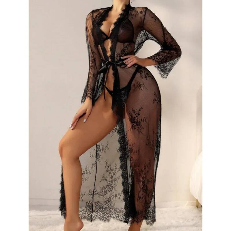 Roupão longo de renda preta tr - Kimono Sheer Floral avaliação e preço