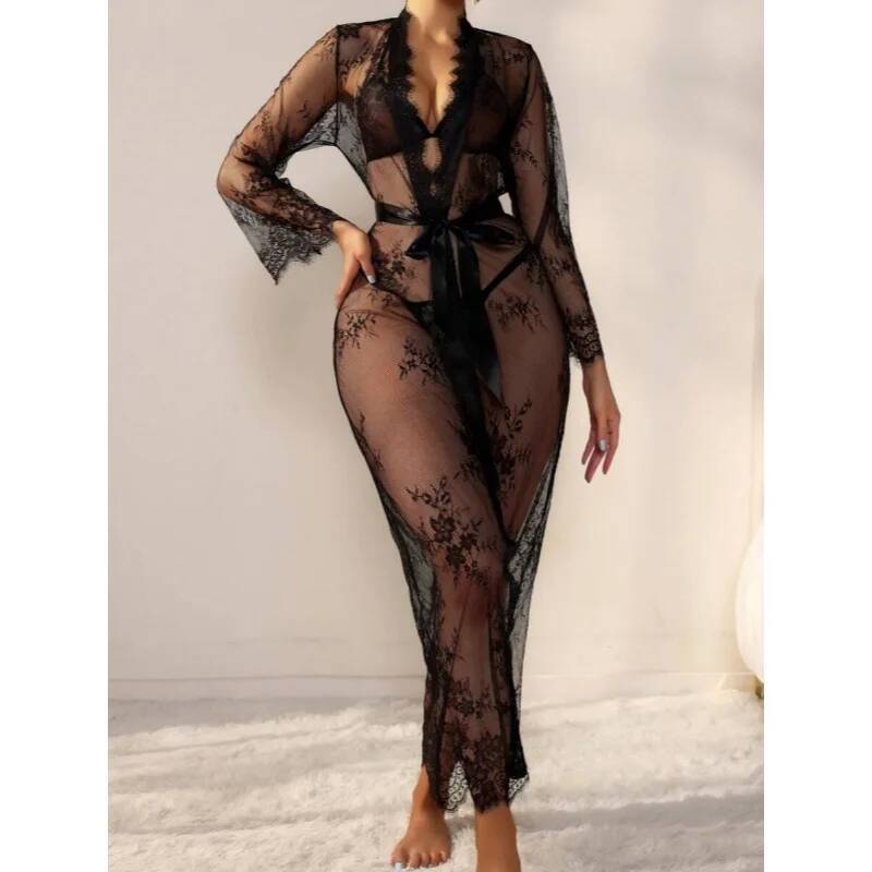 Roupão longo de renda preta tr - Kimono Sheer Floral avaliação e preço