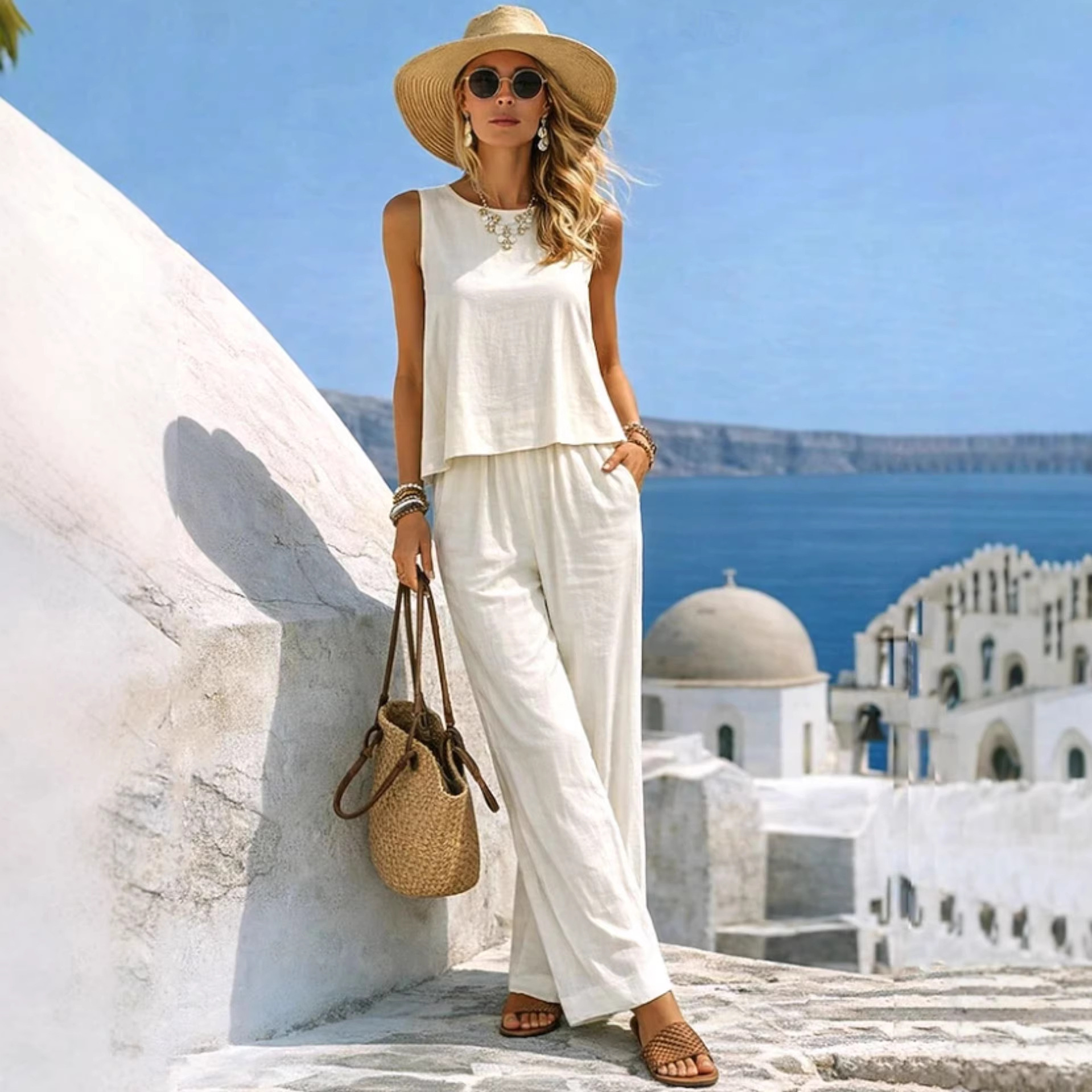   Conjunto de Verão Feminino d - Linen Pant Wide avaliação e preço