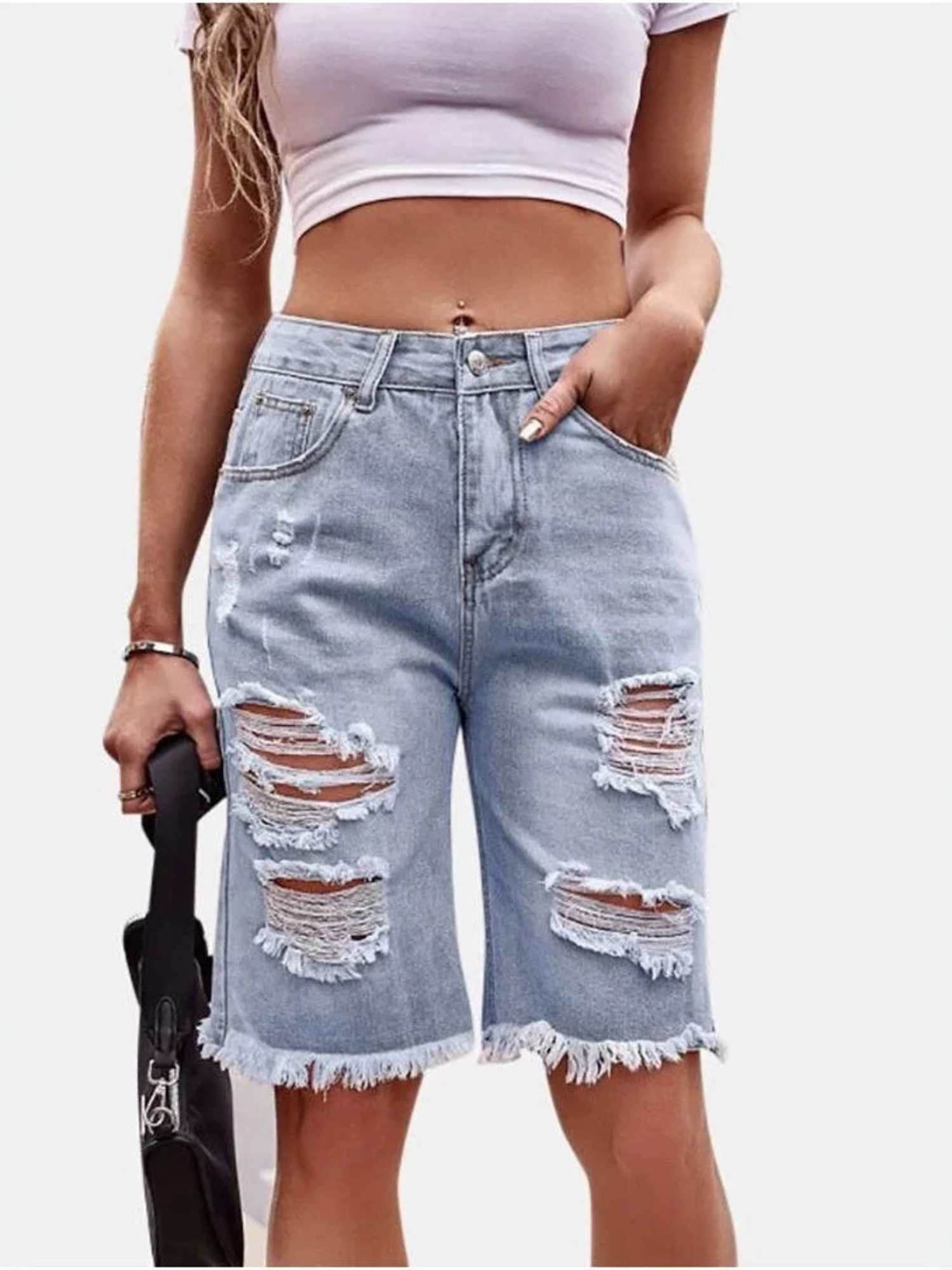 Shorts Bermuda Feminino Jeans  - Shorts Denim Frayed avaliação e preço