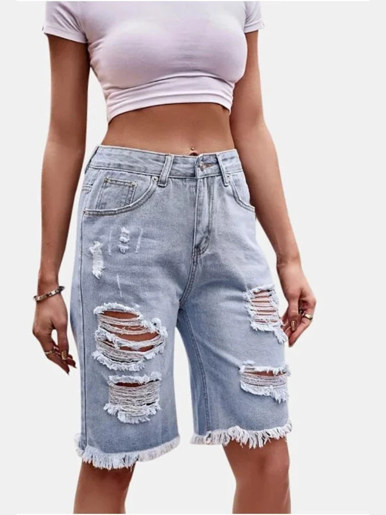 Shorts Bermuda Feminino Jeans  - Shorts Denim Frayed avaliação e preço