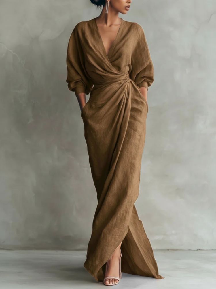 Vestido Maxi Feminino Elegante - Linen Dress Wrap avaliação e preço