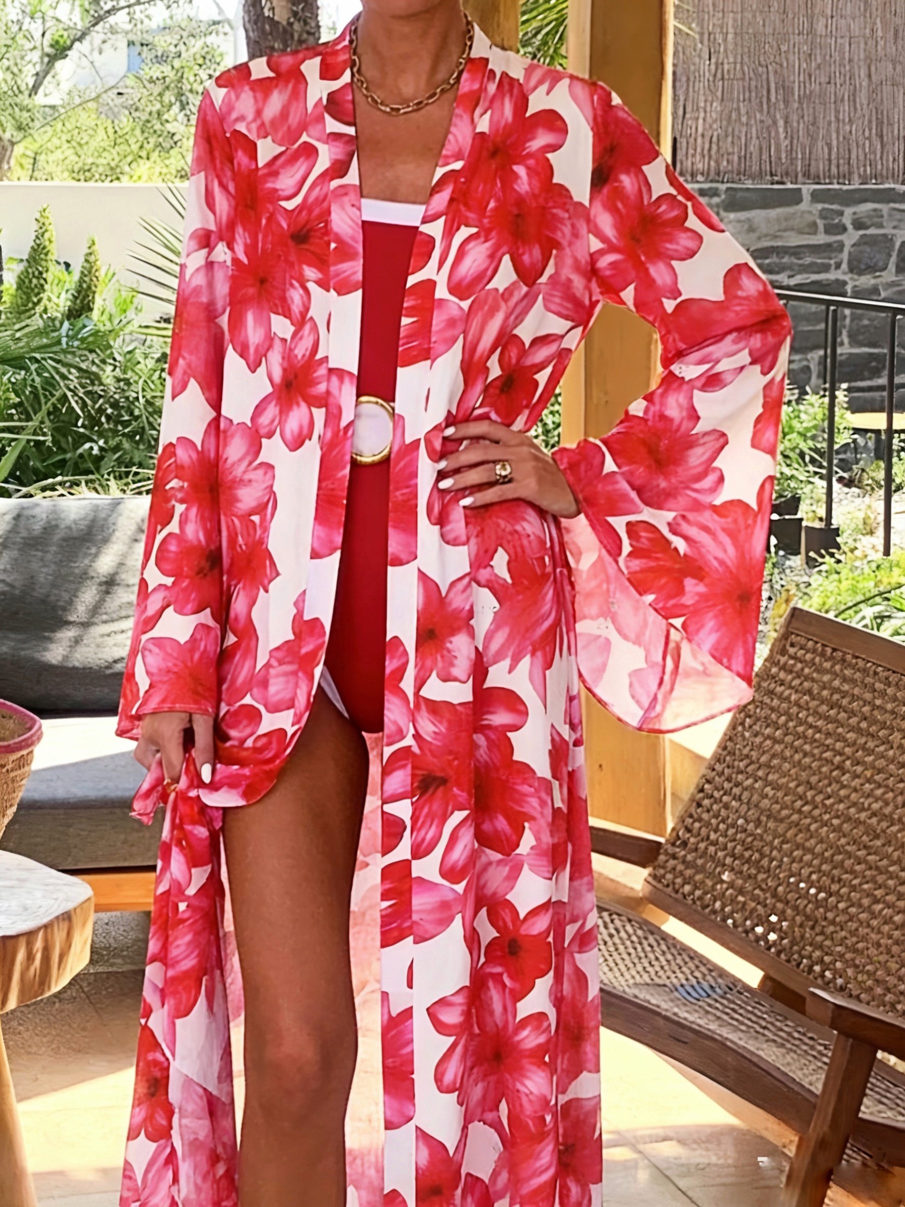 Roupão Kimono Floral Vermelho  - Kimono Sheer Floral avaliação e preço