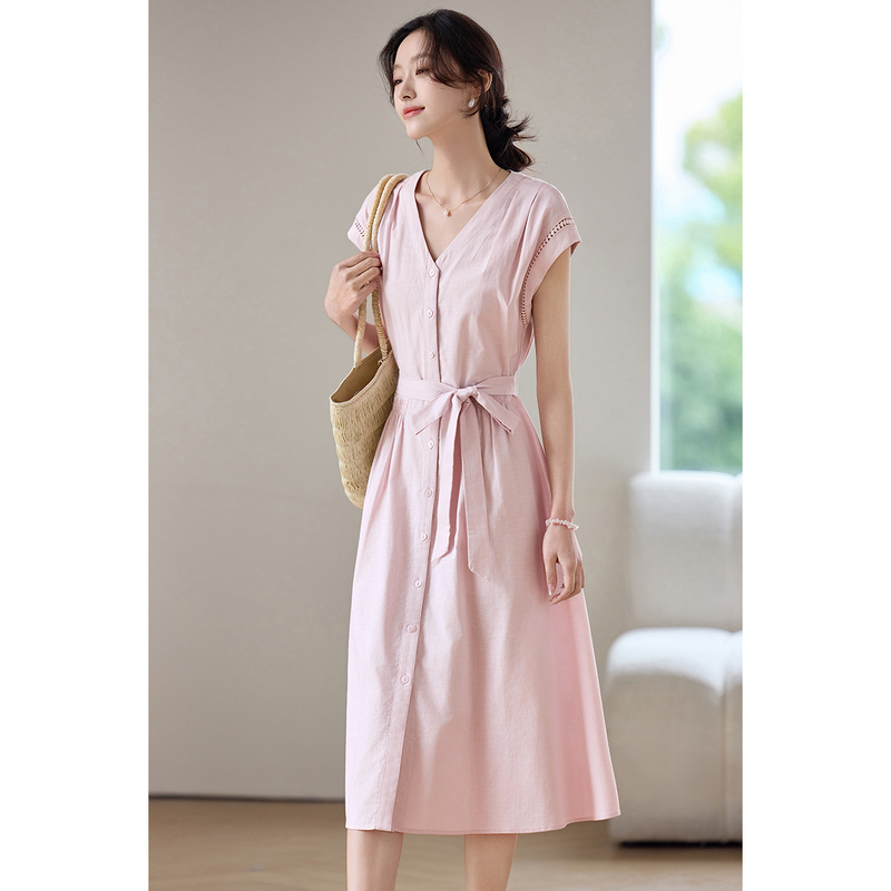 Vestido Midi Rosa Feminino SEN - Linen Dress Wrap avaliação e preço
