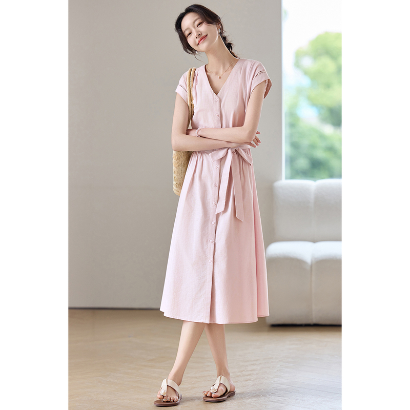 Vestido Midi Rosa Feminino SEN - Linen Dress Wrap avaliação e preço