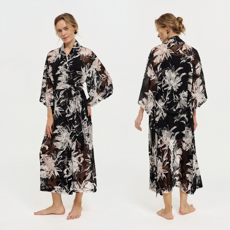 Roupão feminino preto e branco - Kimono Sheer Floral avaliação e preço